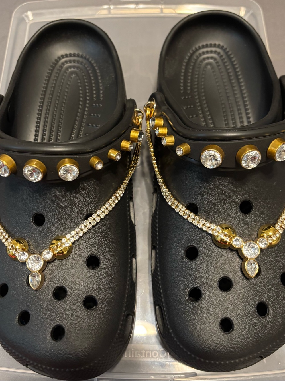 Black Jeweled Slip-On CROCS with Gold Accents